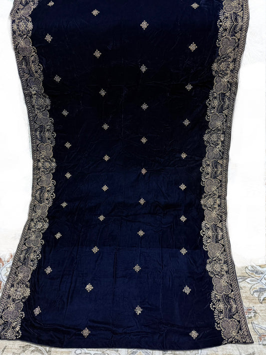Velvet Zari Embroidered Shawl Blue