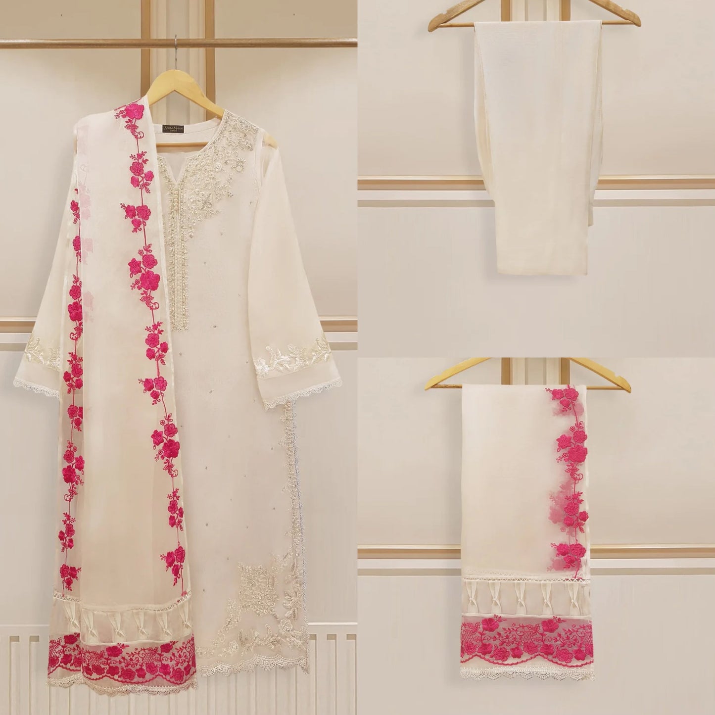Agha Noor 3 Piece -Organza Embroidered Suit