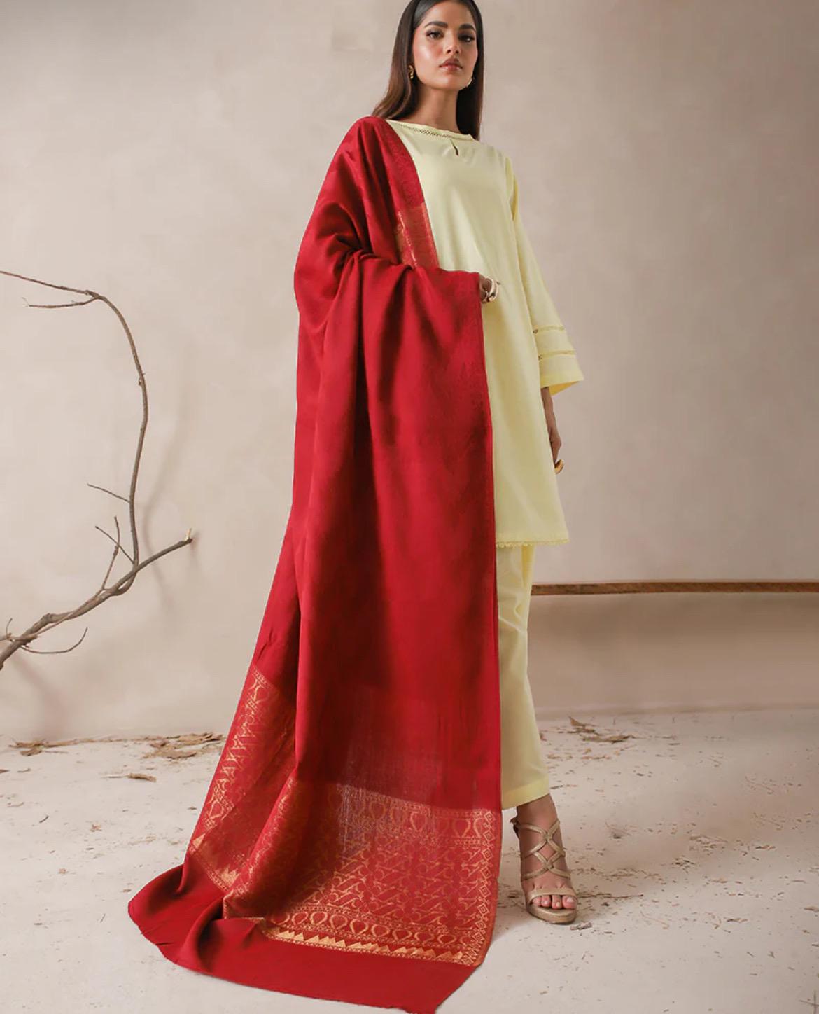 Jacquard Zari Border Shawl Pashmina Red Asim Jofa Brand Pakistani Indian Ready To Wear