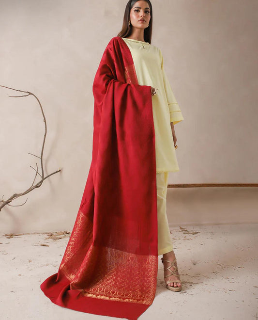 Jacquard Zari Border Shawl Pashmina Red Asim Jofa Brand Pakistani Indian Ready To Wear