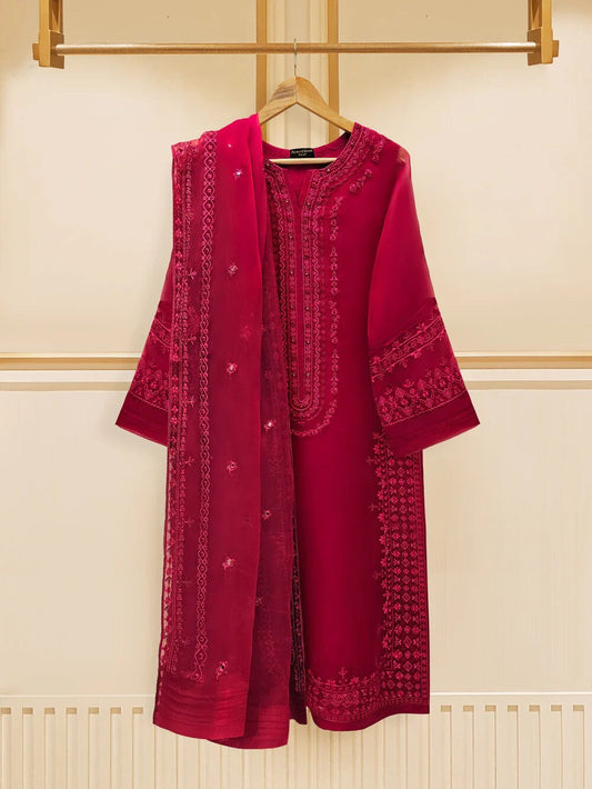 agha noor red dress Agha Noor Maxi: Reddish Chiffon Dress with Embroidery