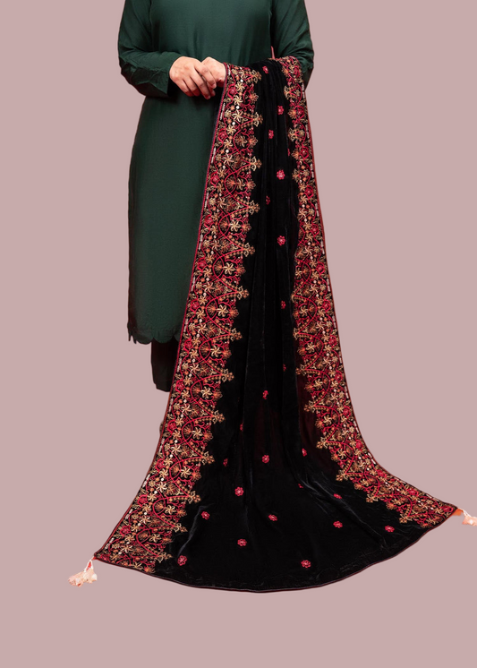 Velvet Zari Embroidered Shawl Black