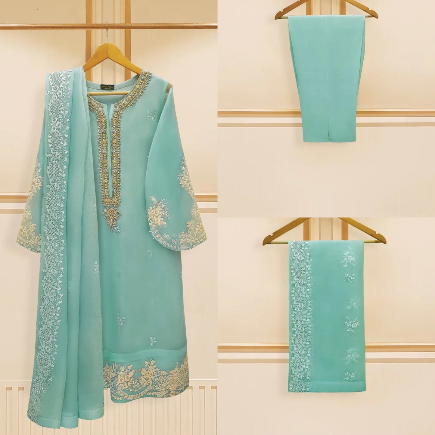 Agha Noor Original 3 Piece Organza Embroidered Dress