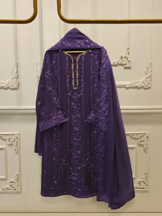 Agha Noor 3 Piece - Pure Chiffon Embroidered Dress S112525