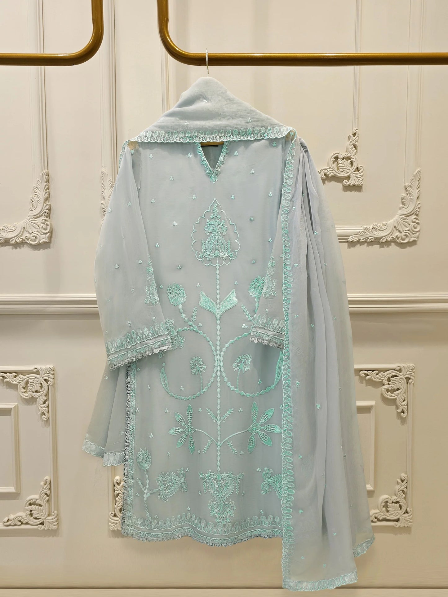 Agha Noor 3 Piece - Pure Chiffon Embroidered Dress