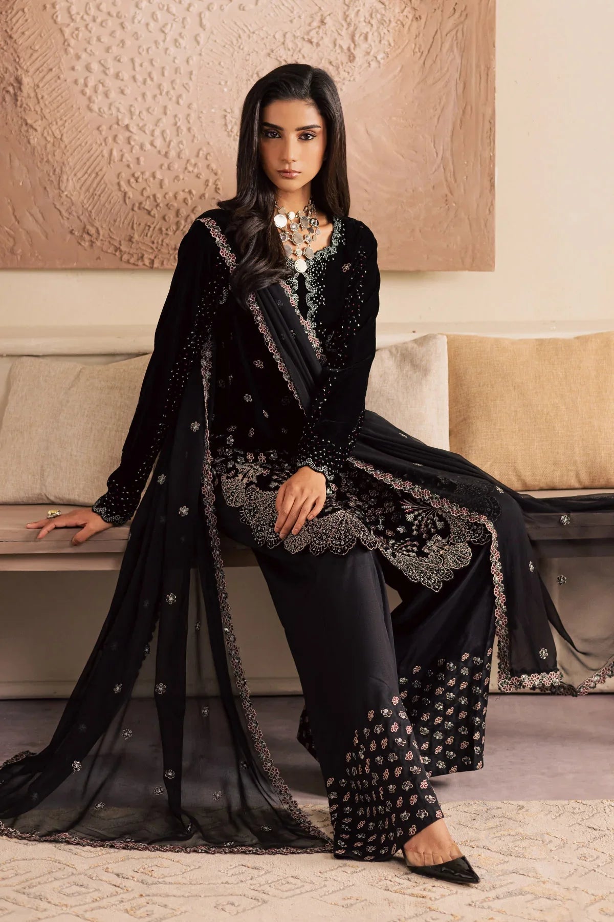Nureh Velvet Embroidered Dress