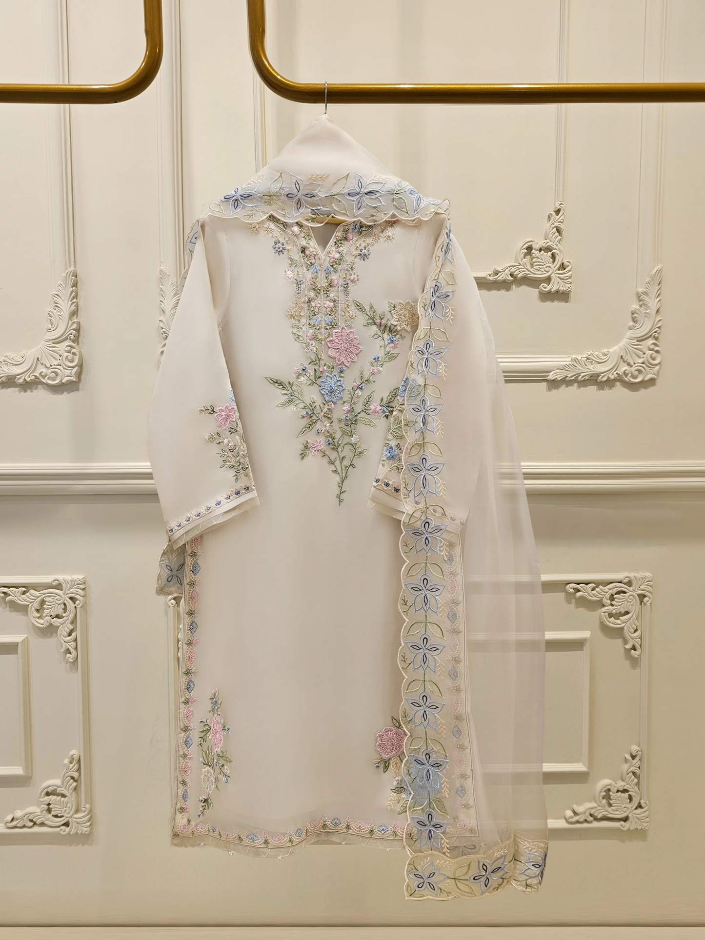 Agha Noor 3 Piece - Pure Organza Embroidered Dress