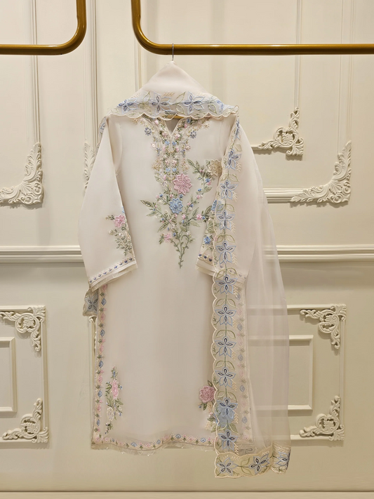 Agha Noor 3 Piece - Pure Organza Embroidered Dress
