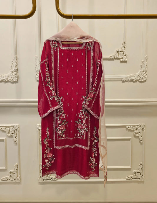 Agha Noor 3 Piece - Pure Cotton Net Embroidered Dress