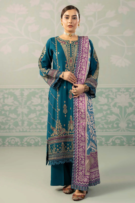 Viscose Slub  Embroidered 3 Piece Dress