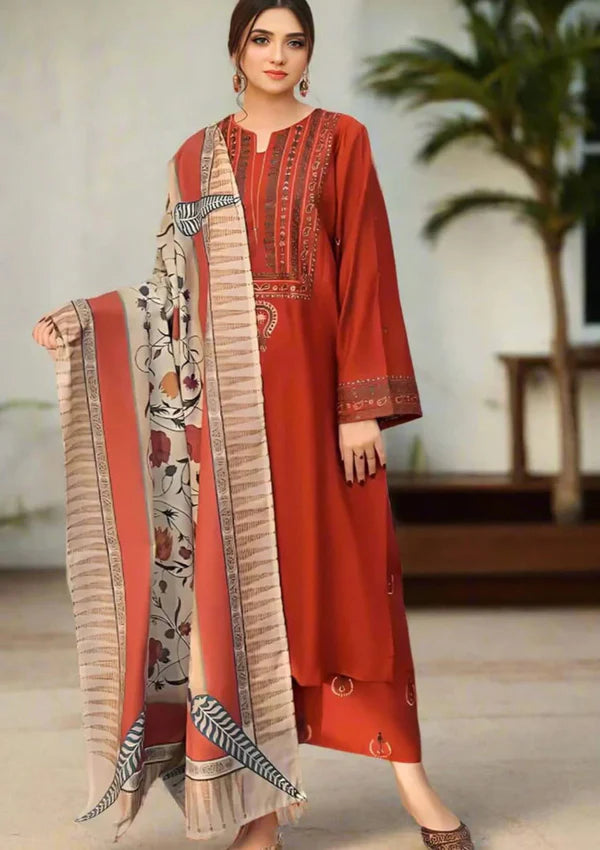 Linen Embroidered 3 Piece Dress