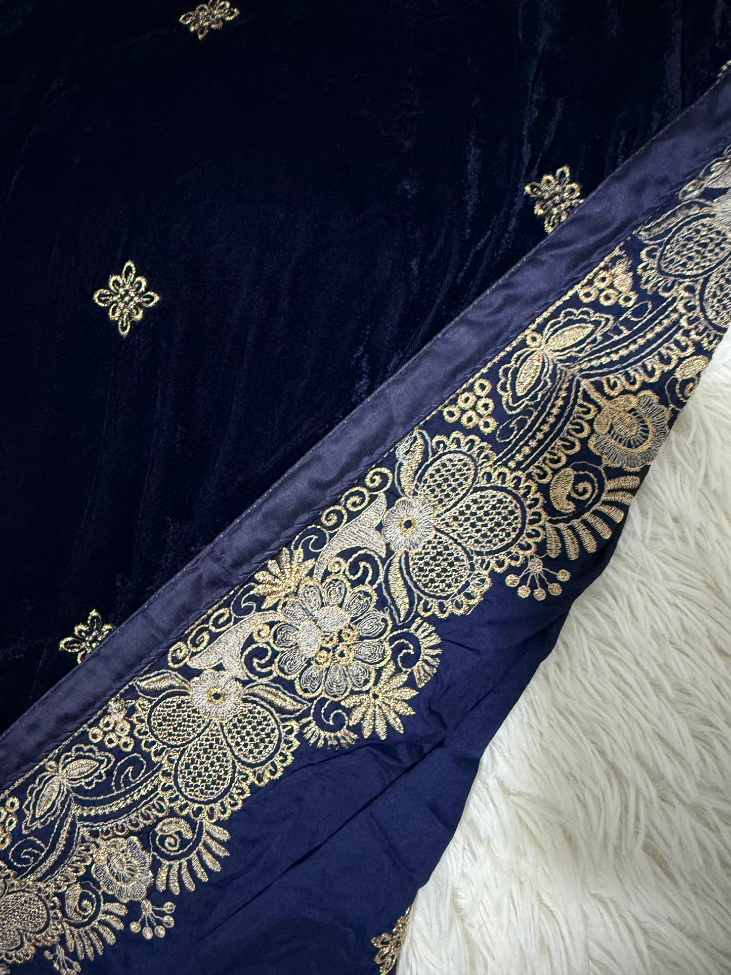 Velvet Zari Embroidered Shawl Blue