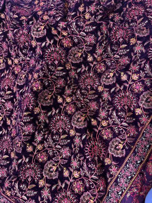 Velvet Heavily Embroidered Shawl Purple