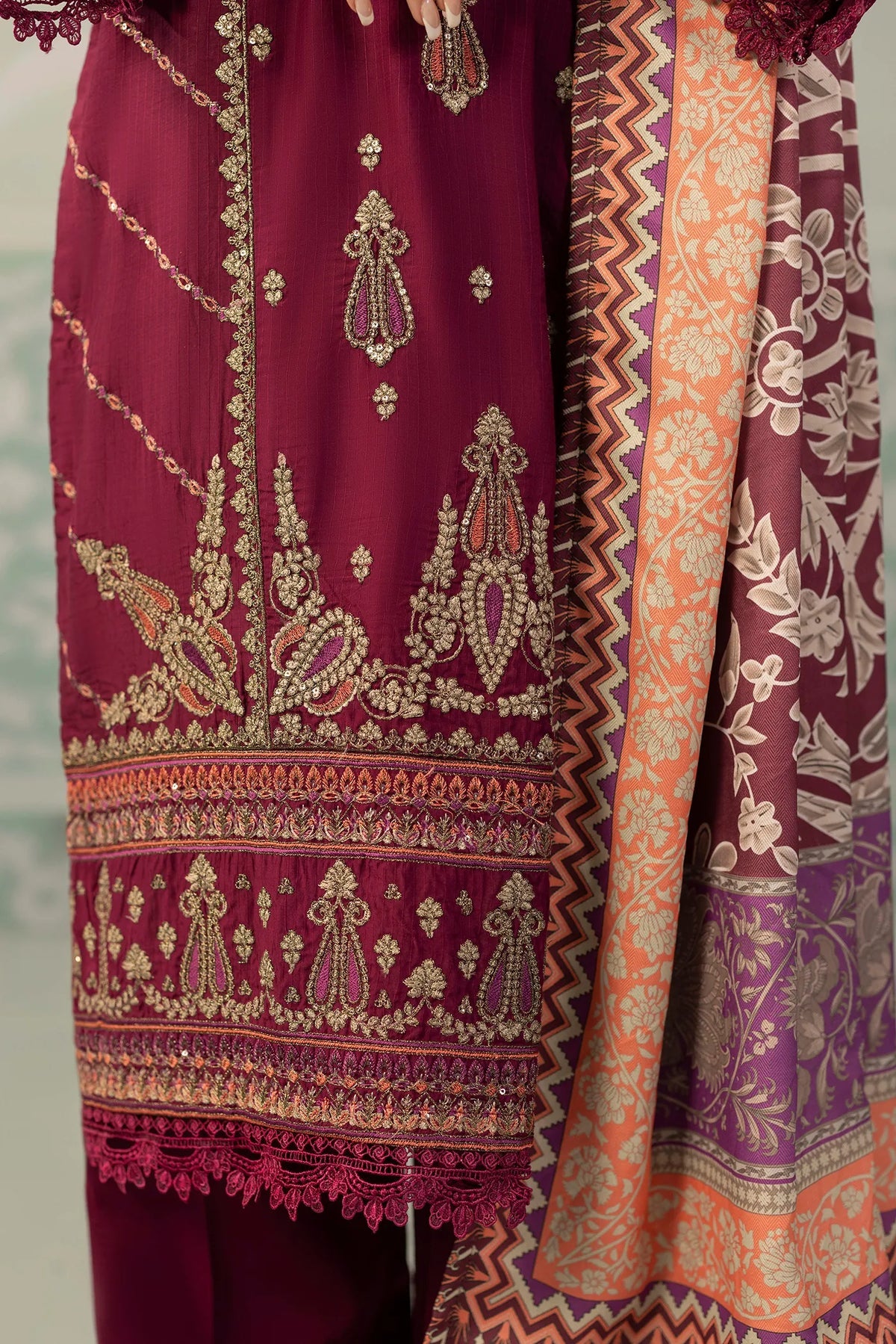 Viscose Slub  Embroidered 3 Piece Dress