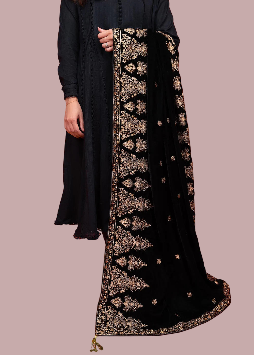 Velvet Zari Embroidered Shawl Black