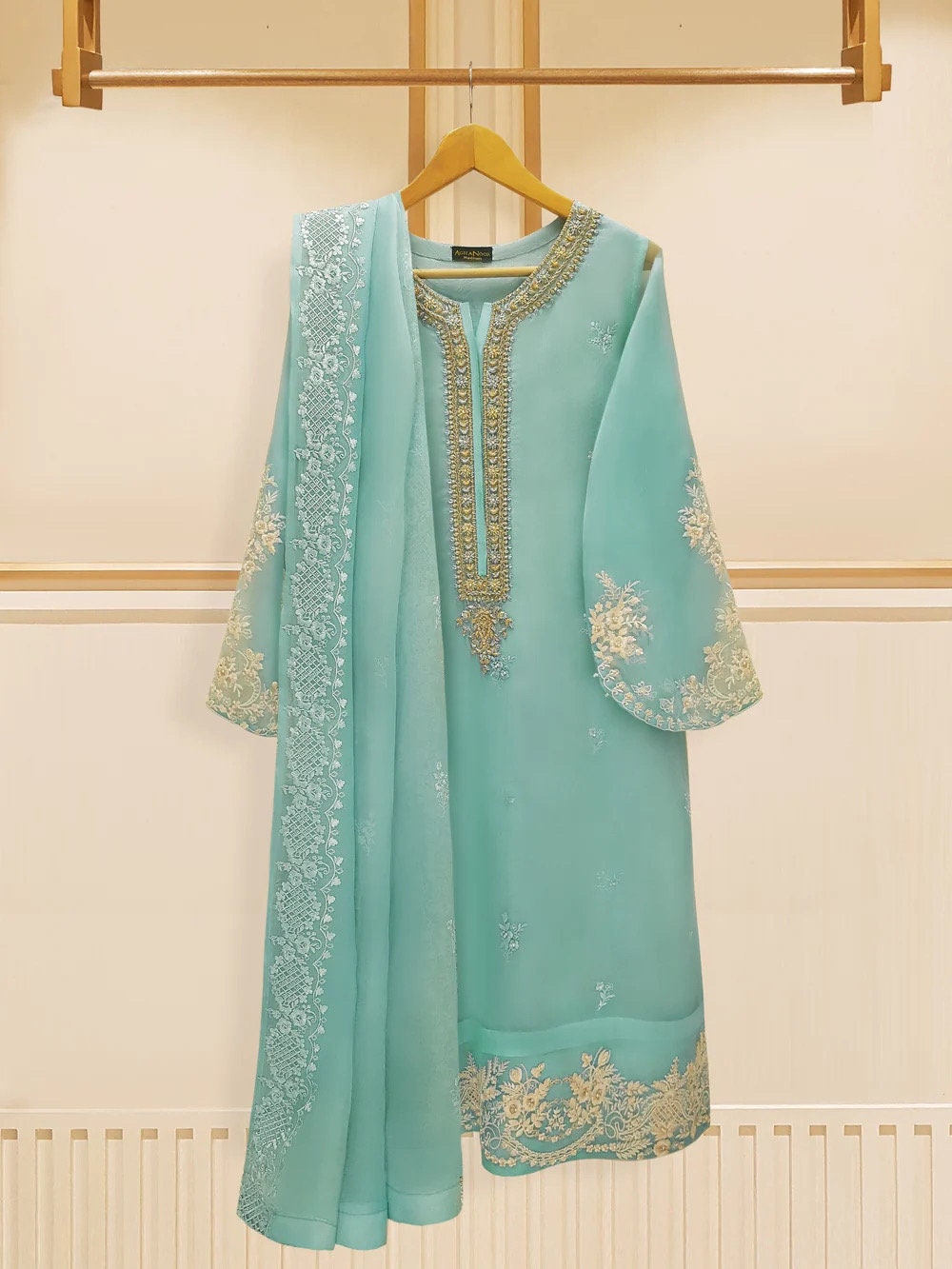 Agha Noor Original 3 Piece Organza Embroidered Dress
