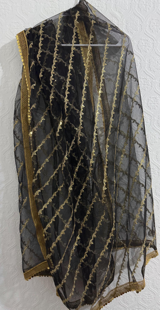 Net Fully Sequins Embroidered Dupatta Black & Gold