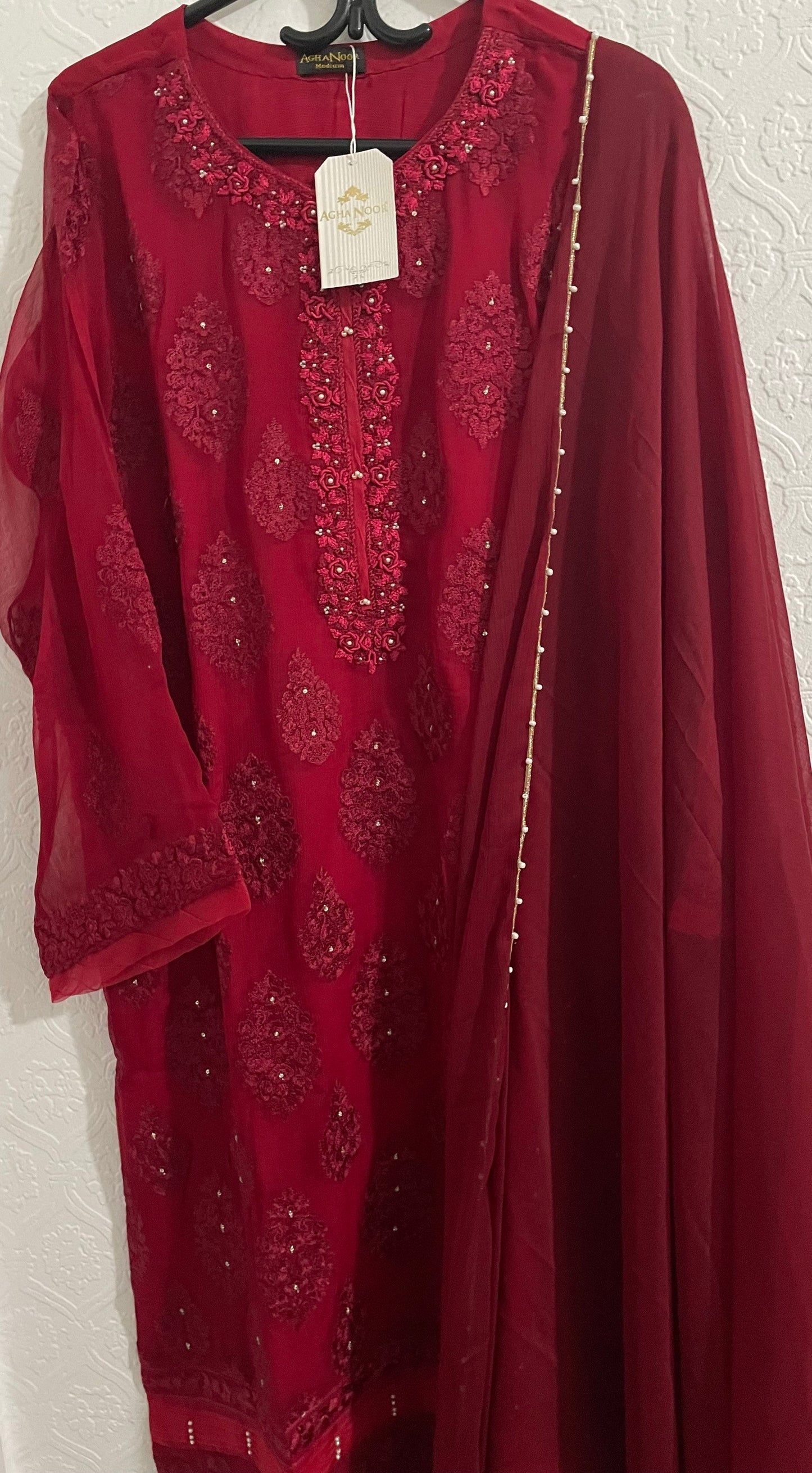 Agha Noor 3 Piece Chiffon Embroidered Dress