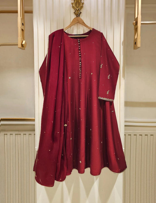 Agha Noor Dress Original 3 Piece Pure Cotton Net Dress Maroon