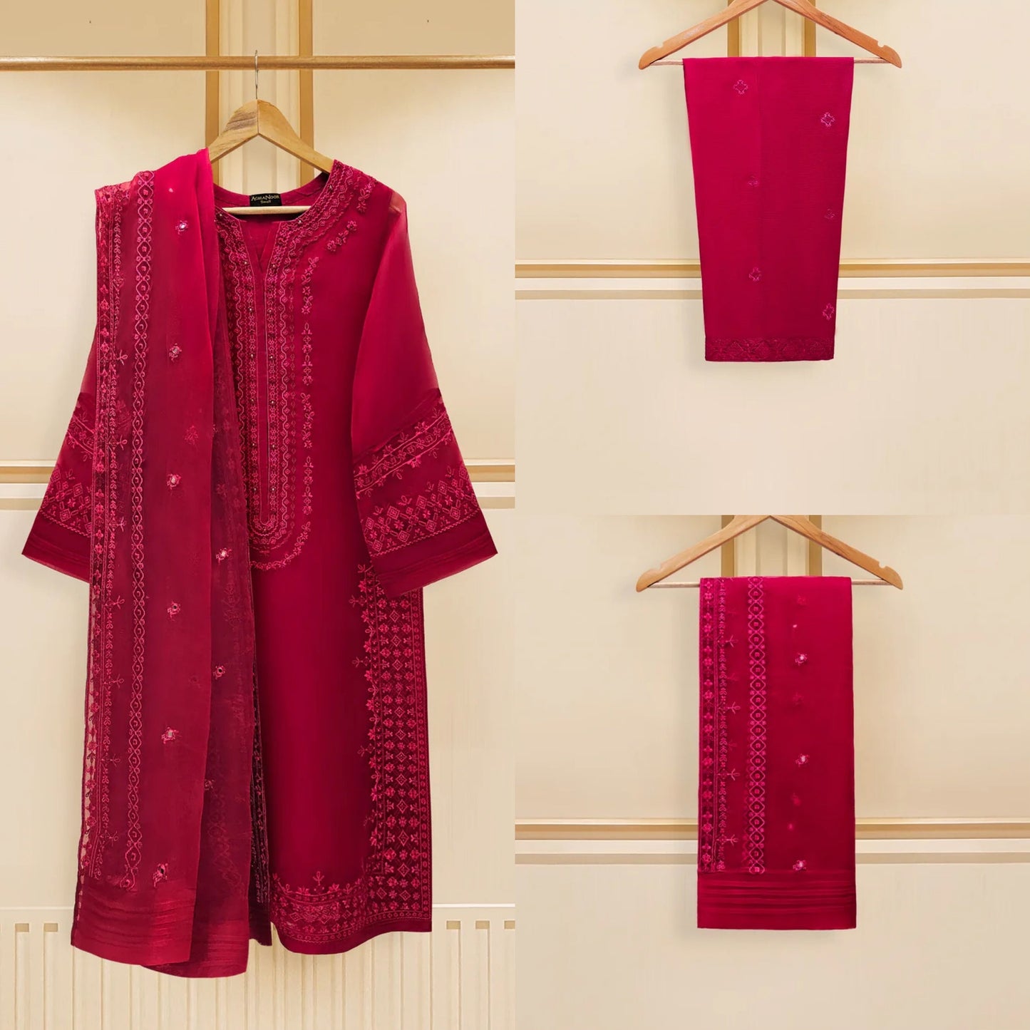 Agha Noor Original 3 Piece Organza Embroidered Dress